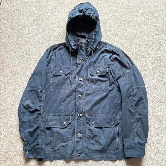 Kuhl Kollusion Jacket Navy Blue Hooded Lightweight Utility Cargo Pocket Outdoors - Picture 1 of 8